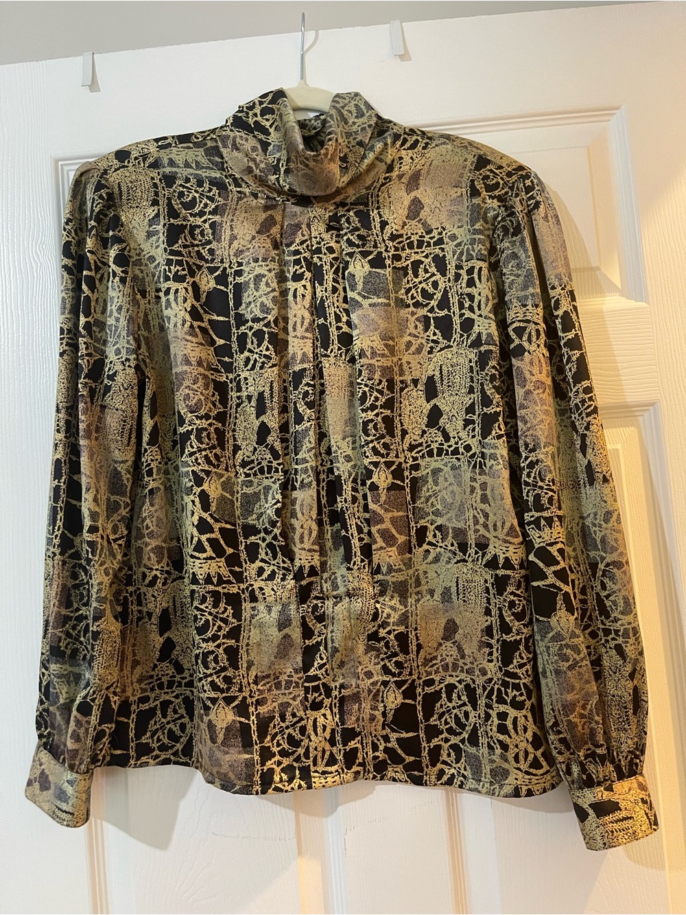 Nicola Womens Gold & Black Patterned Long-Sleeve Mock Neck Blouse-Size 12